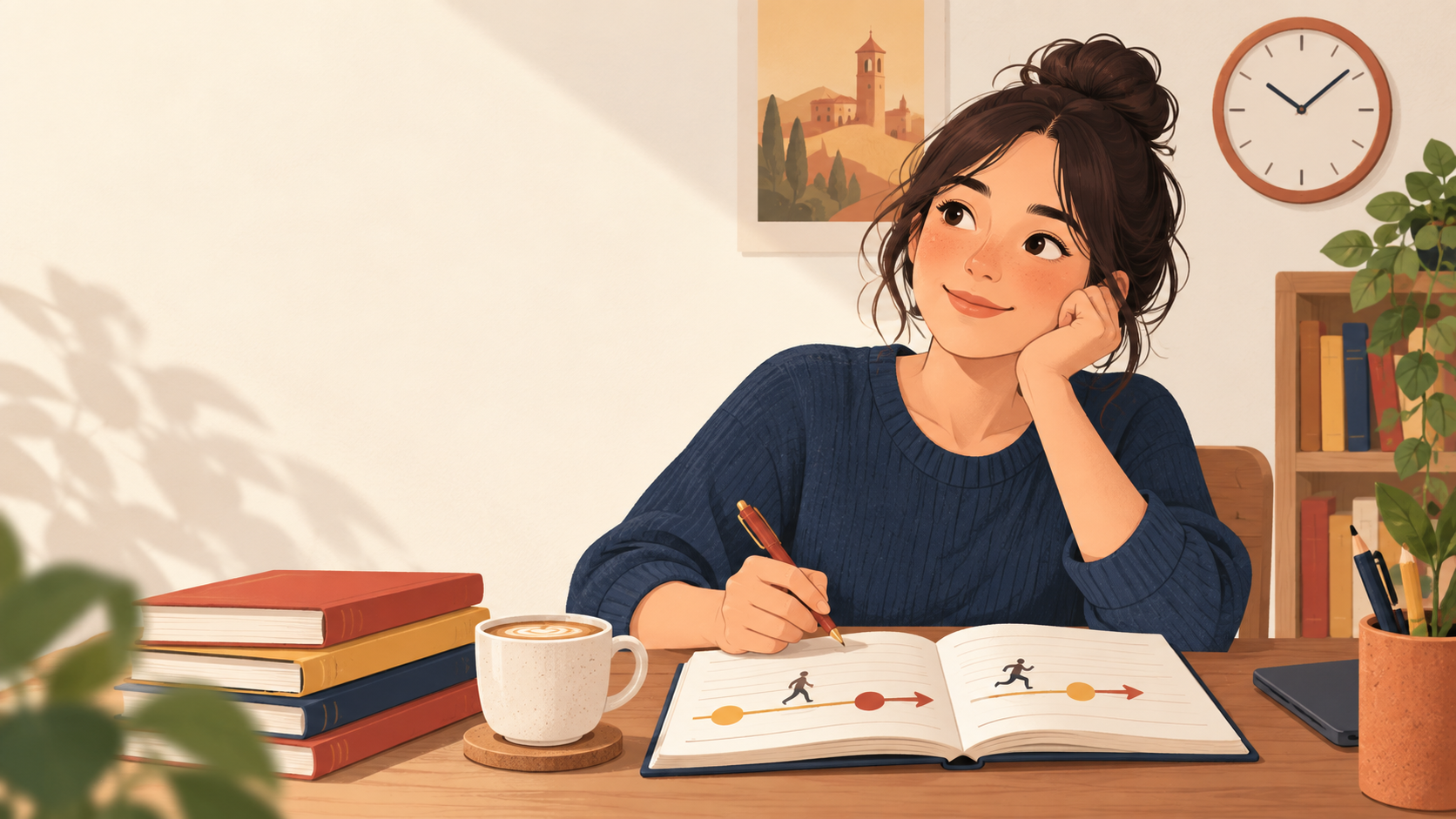 スペイン語をノートで勉強する女性と時計のイラスト