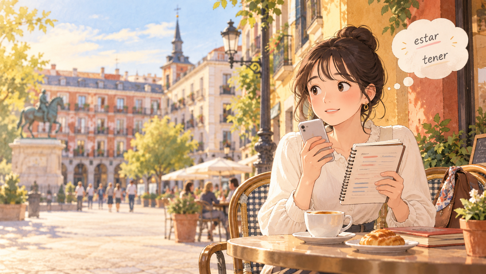 estar と tener の使い分けを学ぶ女性のイラスト