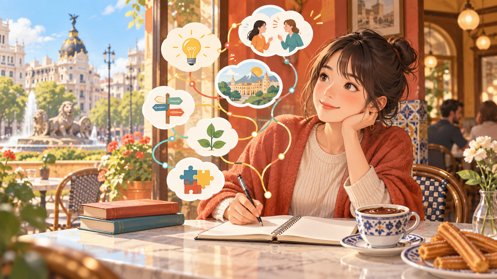 カフェでスペイン語の接続詞を学ぶ女性のイラスト