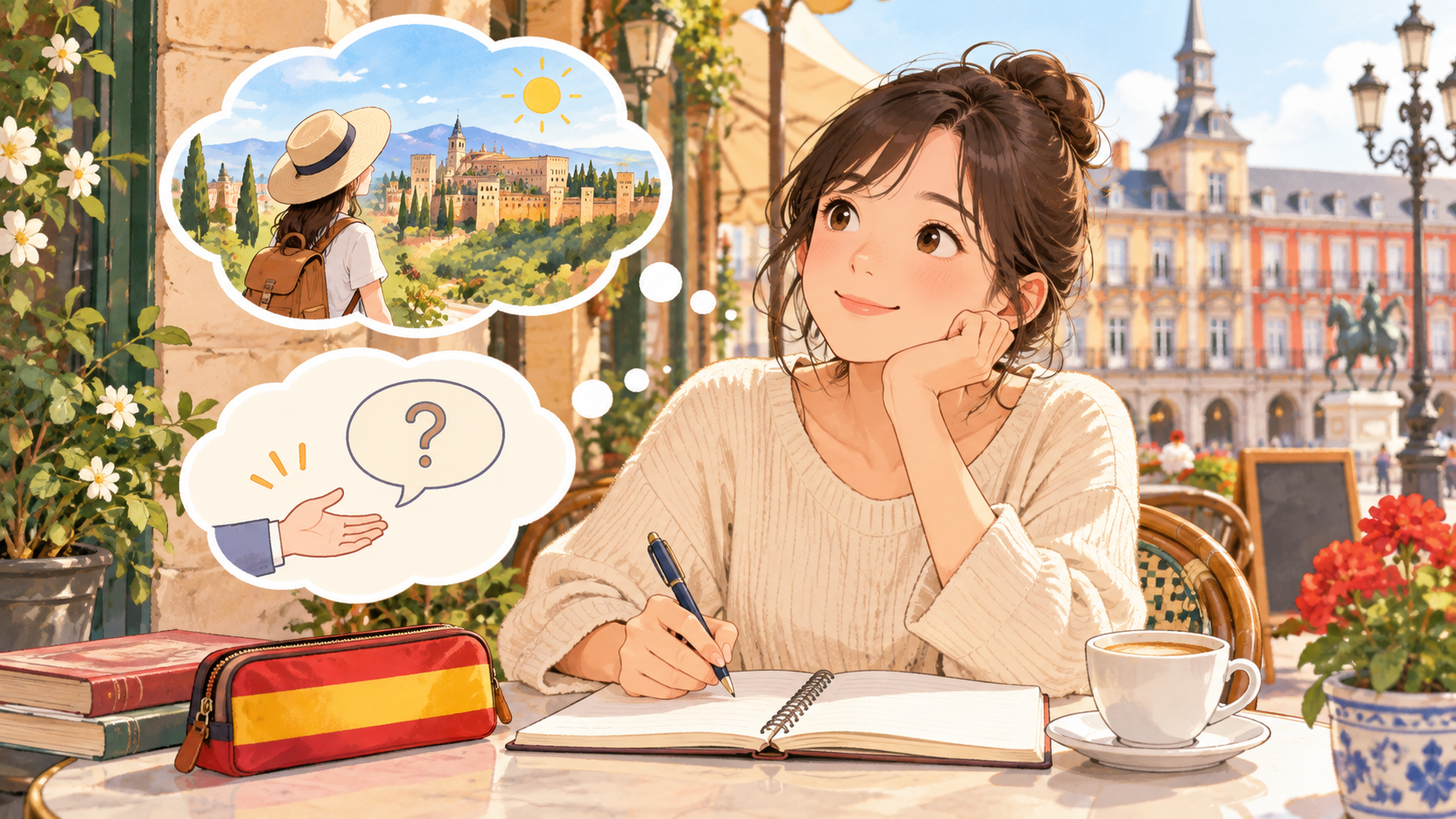 マドリードのカフェで条件法を学ぶ女性のイラスト