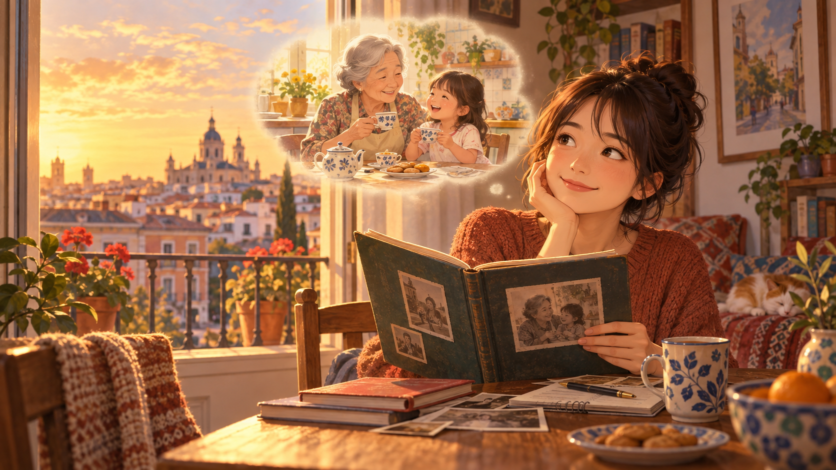 祖母との思い出を振り返る女性のイラスト