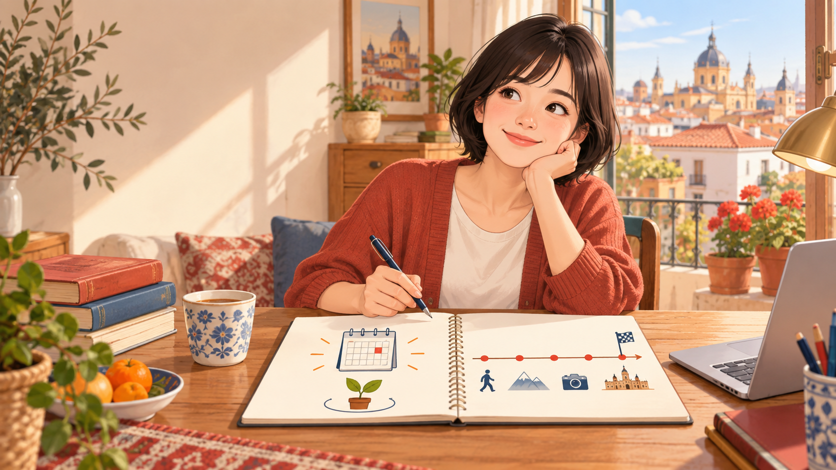 スペイン語の過去形を勉強する女性のイラスト