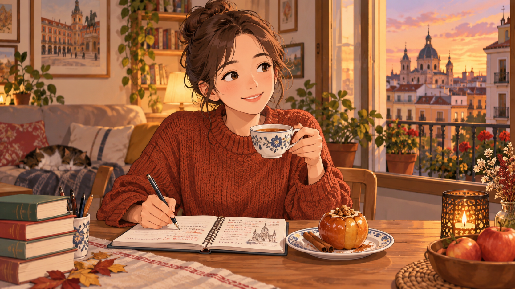紅茶と焼きりんごを楽しみながらスペイン語を勉強する女性のイラスト