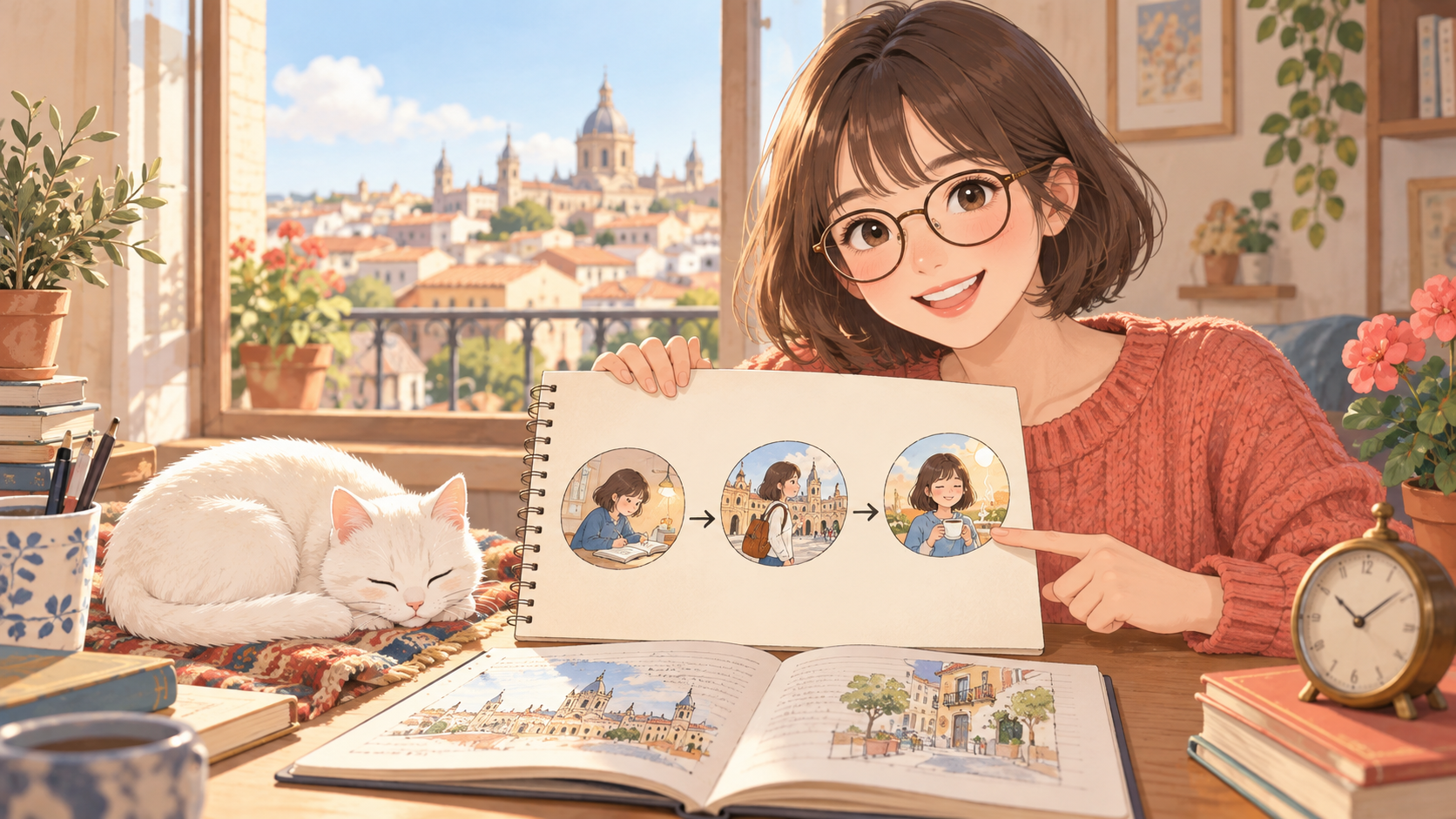 スペイン語の過去完了を勉強する女性と、過去の順番を示すノートのイラスト
