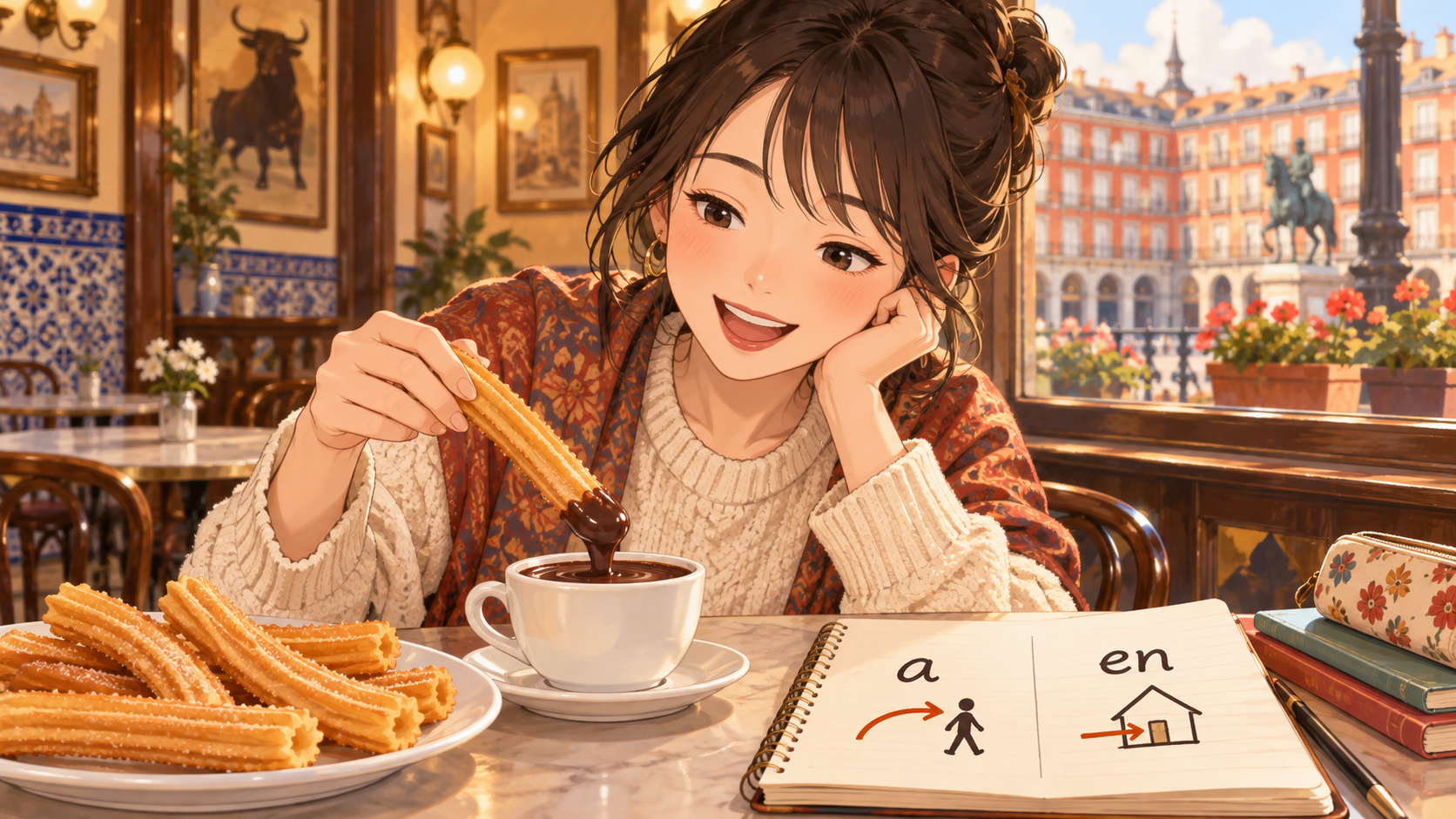 チュロスを食べながらスペイン語の前置詞aとenを学ぶ女性のイラスト