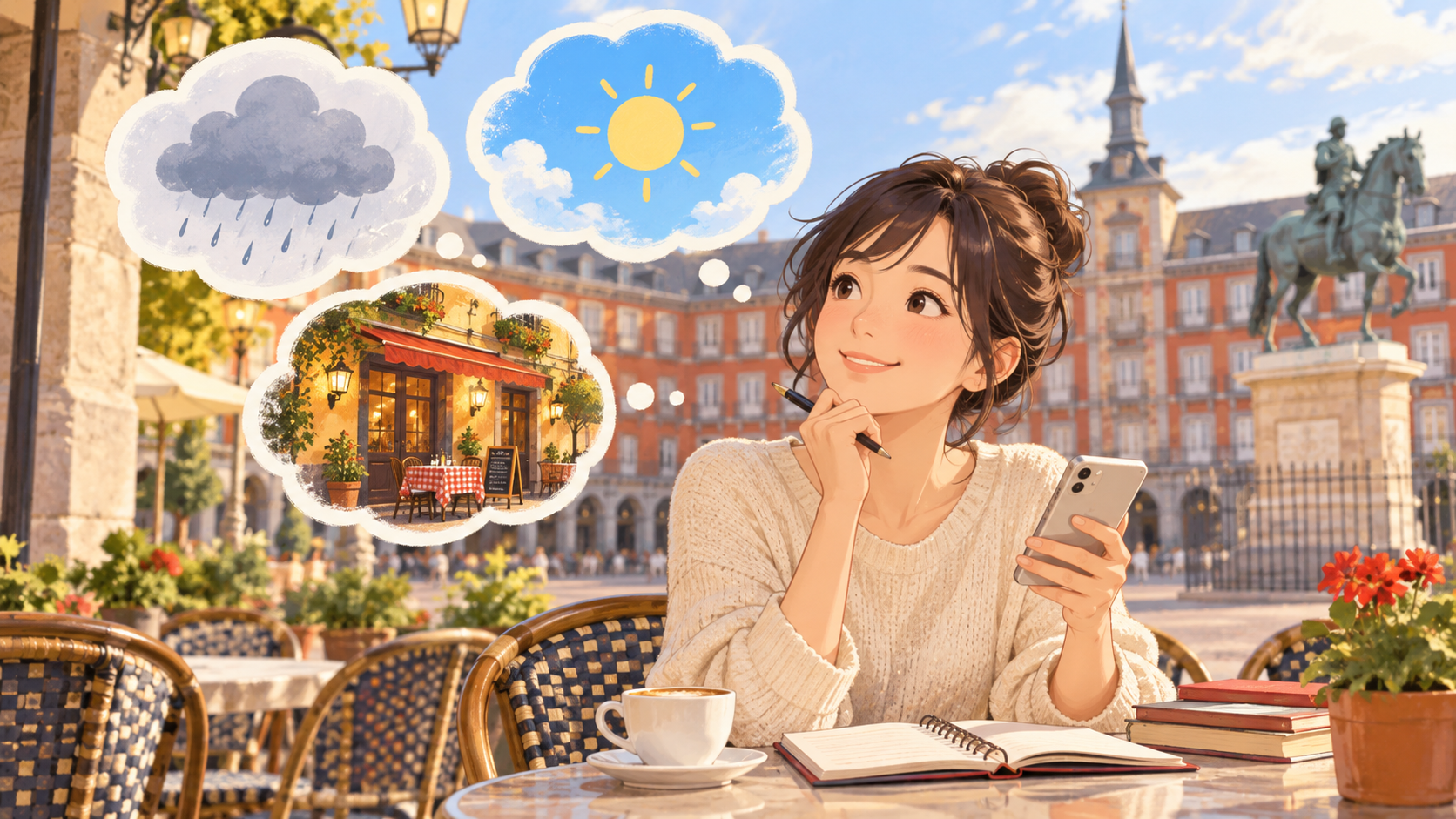 マドリードのカフェで可能性を考える女性のイラスト