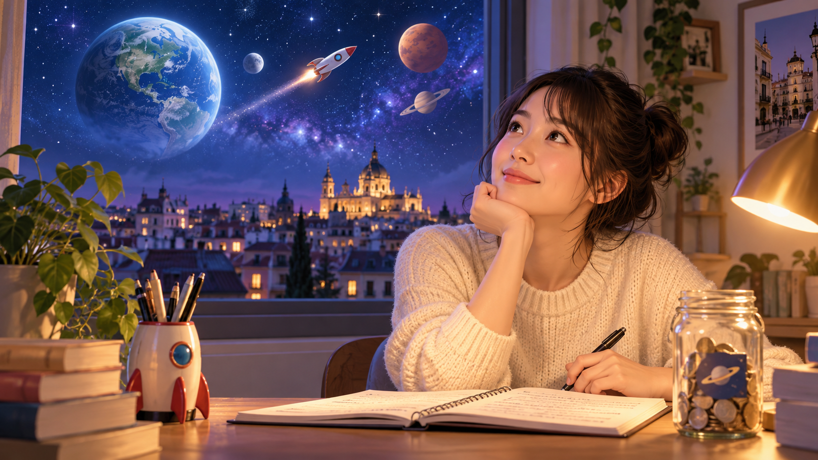 宇宙旅行を夢見ながらスペイン語を勉強するアンディ