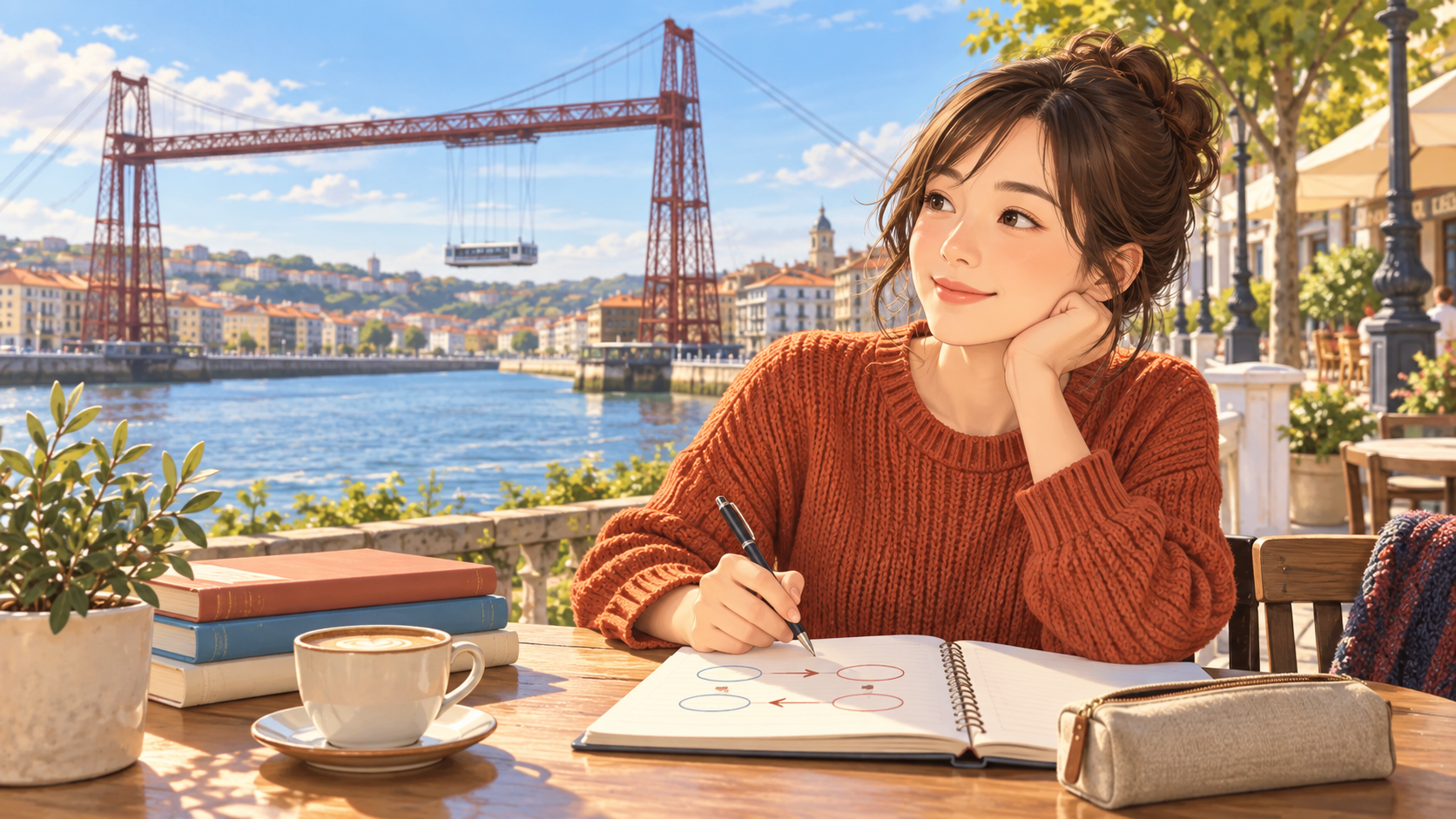 ビスカヤ橋を背景にスペイン語の受動態を学ぶアンディ