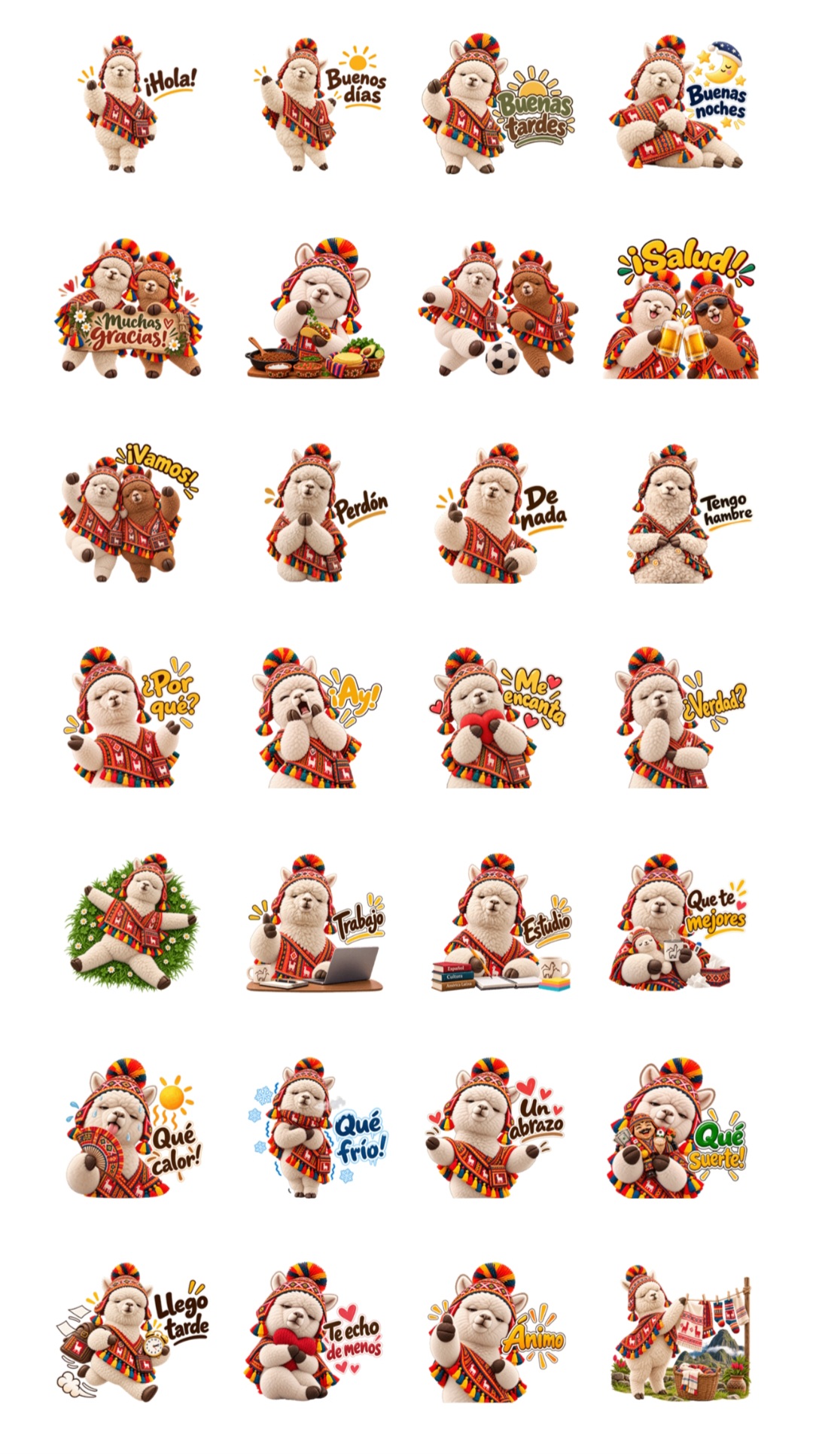 毎日使えるアルパカのスペイン語LINEスタンプ一覧