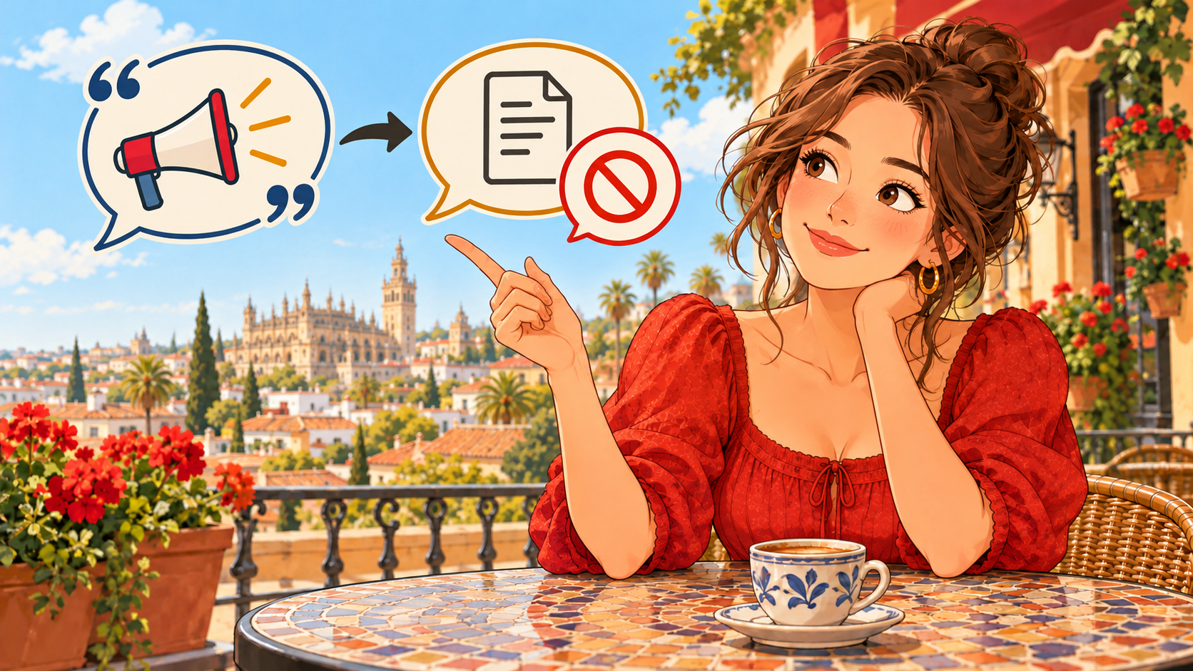 スペインの街並みで直接話法・間接話法と否定命令を学ぶ女性のイラスト