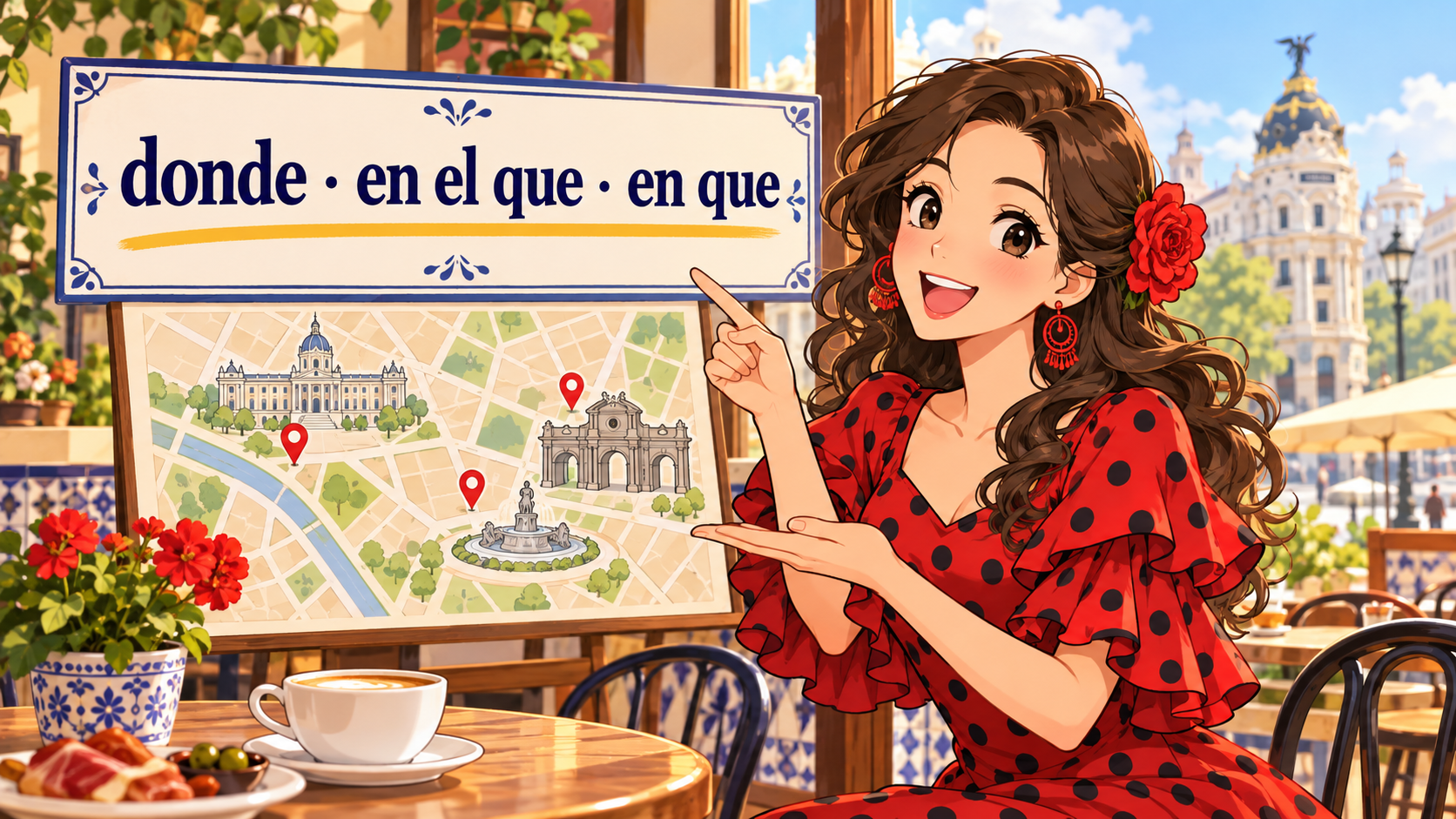 donde・en el que・en queの違いを解説する、地図とフラメンコ風の女性イラスト