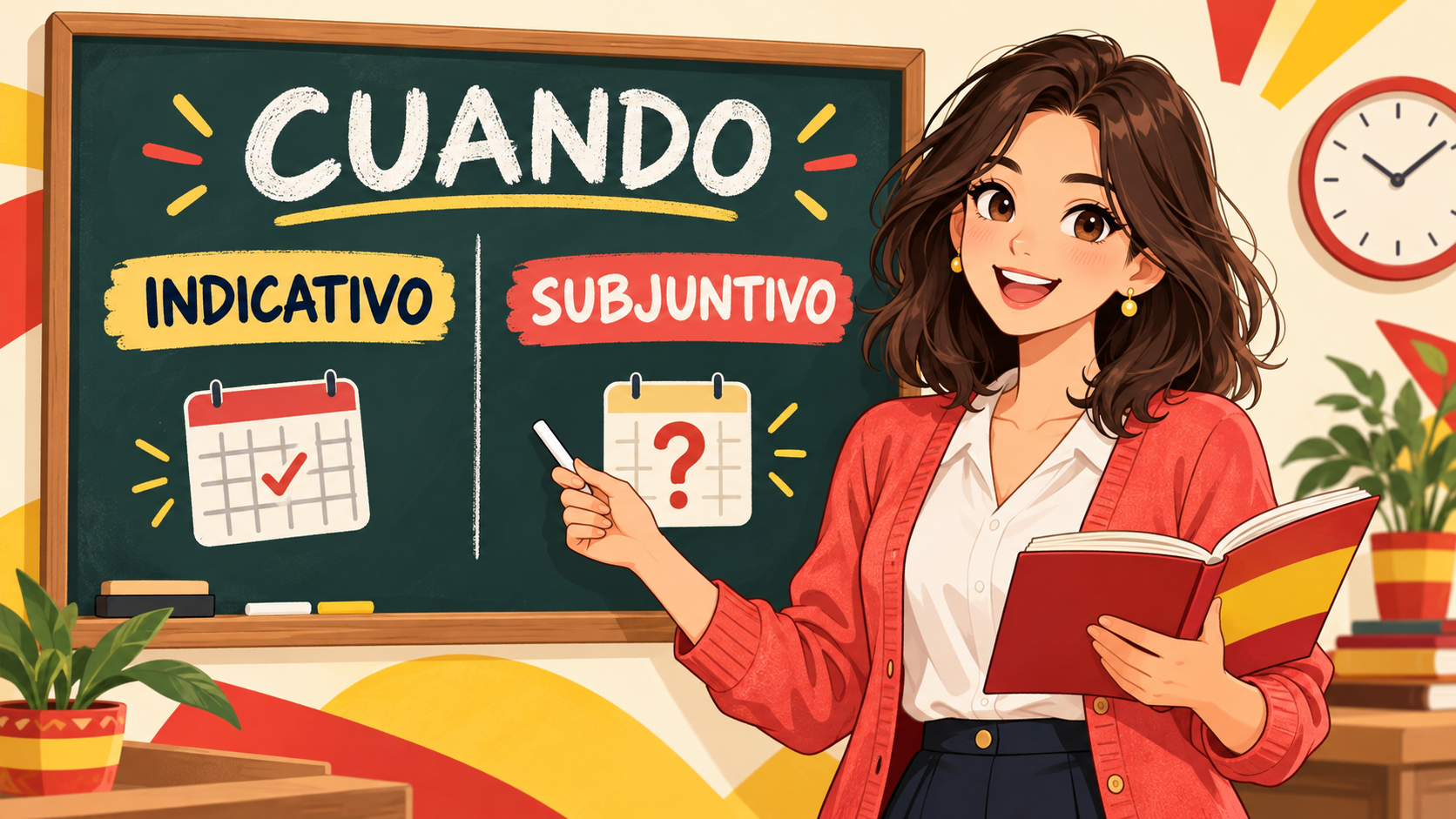 スペイン語 cuando の直説法と接続法を説明する女性教師のイラスト