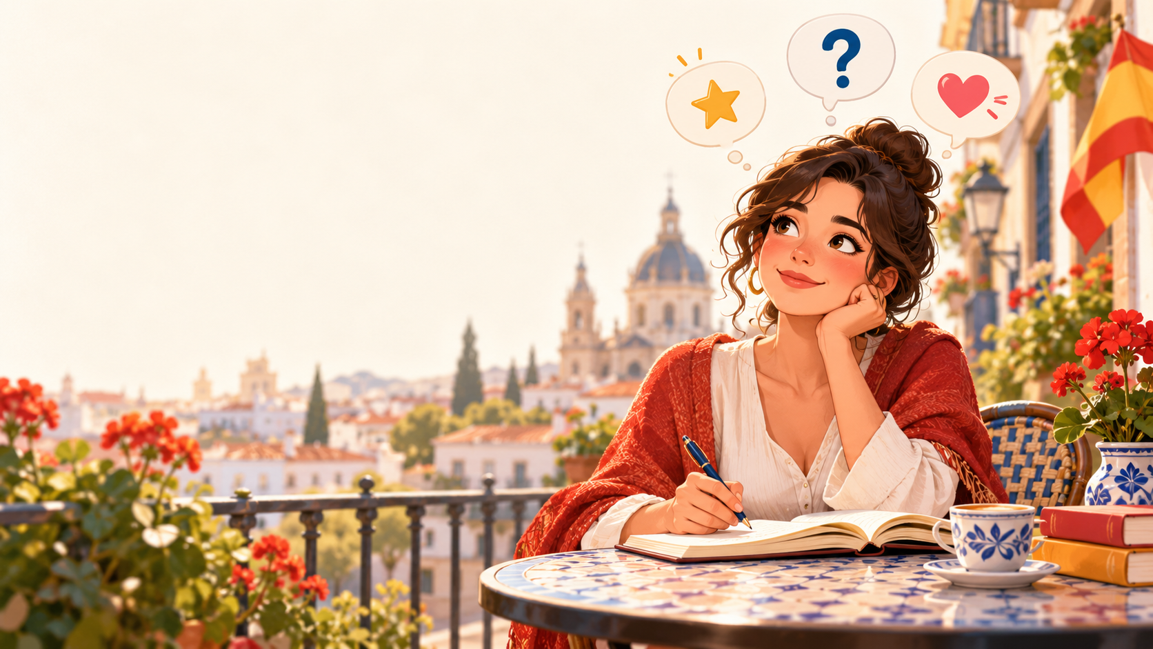 スペイン語の接続法を学ぶ女性。願い・疑い・感情を表す吹き出しのイラスト