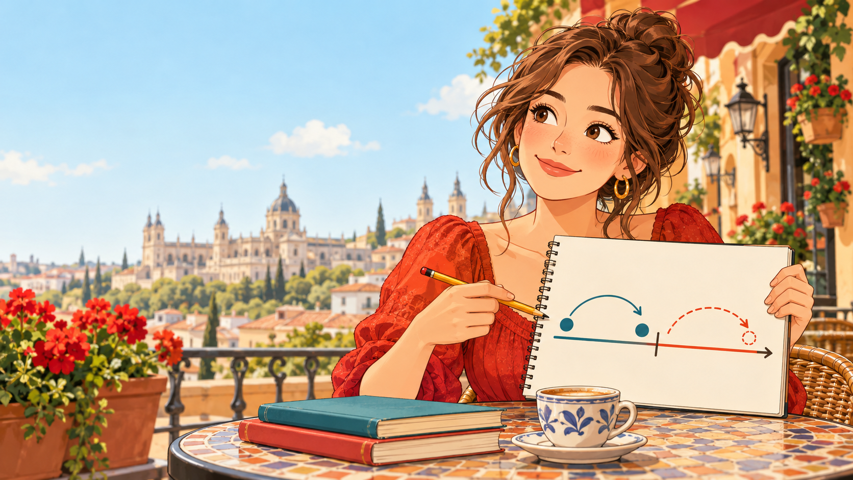 時を表すスペイン語の接続詞を学ぶ女性のイラスト