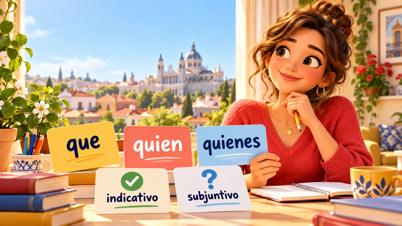 que・quien・quienesと直説法・接続法を学ぶ女性