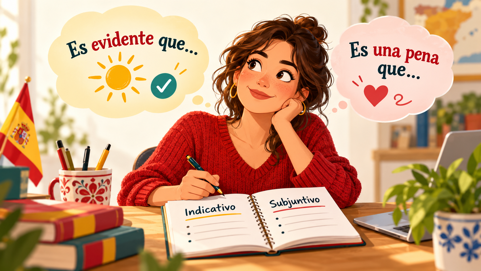 スペイン語の直説法と接続法を学ぶ女性のイラスト